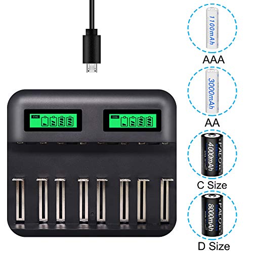 Product Cover LCD Display Universal Battery Charger,8 Bay Smart Charger for Rechargeable Batteries Ni-MH/Ni-Cd A AA AAA SC C D Batteries with USB Port Type c and Overcharge Prevention Function