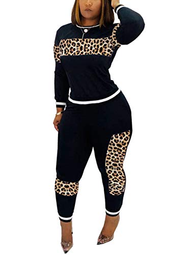 Product Cover Women's Casual 2 Piece Outfit, Leopard Print Long Sleeve Shirt Top Bodycon Pants Set Tracksuit