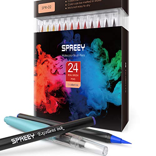 Product Cover SPREEY Watercolor Brush Pens 24pcs with Bonus Refillable Water Brush Highly Water-Soluble Ink Made in Japan for Painting, Coloring, and Watercolor Effects, for Family, Friends and Kids