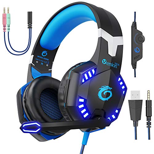 Product Cover VersionTECH. G2000 Pro Gaming Headset PS4 Xbox One Wired Headphones with 3D Surround Sound, HD Microphone, Volume Control, LED Lights, Compatible with Playstation 4, Xbox 1, NS, PC Mac Computer (Blue)