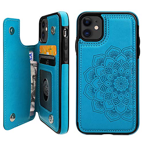 Product Cover Vaburs iPhone 11 Case Wallet with Card Holder, Embossed Mandala Pattern Flower Premium PU Leather Double Magnetic Buttons Flip Shockproof Protective Cover for iPhone 11 (6.1 Inch,Blue)