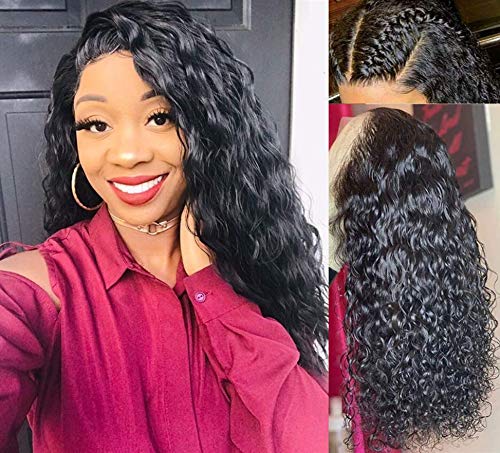 Product Cover Swetcurly Glueless Lace Front Wigs for Black Women Curly Wigs Long Loose Wave Synthetic Wig Natural Black Wig Heat Resistant Fiber 180% High Density 24 Inch