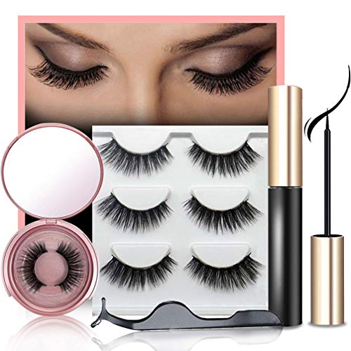 Product Cover Magnetic Eyelashes With Eyeliner Kit With Reusable Hand-made Faux Lashes Natural Look 3 Pairs Pack Magnetic Eyeliner Kit With Metal Tweezer And Wispies Eyelash For Women Eye Makeup
