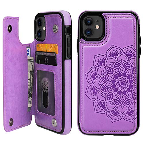 Product Cover Vaburs iPhone 11 Case Wallet with Card Holder, Embossed Mandala Pattern Flower Premium PU Leather Double Magnetic Buttons Flip Shockproof Protective Cover for iPhone 11 (6.1 Inch,Purple)