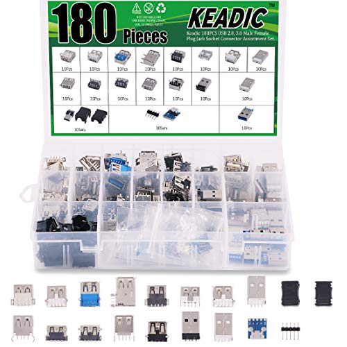 Product Cover Keadic 180PCS USB 2.0, 3.0 Male Female Plug Jack Socket Connector Assortment Set, Including Micro USB Type B 5 Pin T Port Male Connector, Micro USB to Dip Adapter Board and 9-Pin Male Port Connectors
