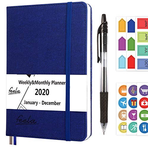 Product Cover 2020 Planner, 2020 Monthly & Weekly A5 Daily College Planner by Feela, Blue Hardcover 176 Pages Day Agenda with 1 Black Pen 6 Sticker Sheets, Yearly Calendar Journal for Girls Adults School Business
