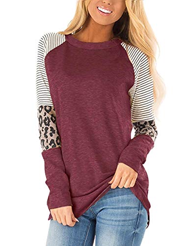 Product Cover Olidarua Women's Long Sleeve Tunic Tops Casual Striped Leopard Print Crew Neck T Shirts Blouses Wine
