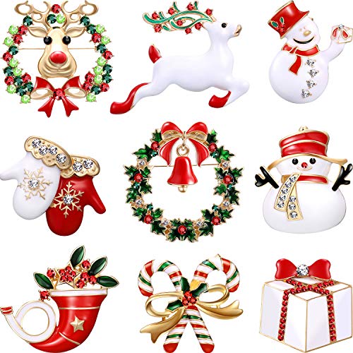 Product Cover Hicarer 9 Pieces Christmas Brooch Pin Set with Rhinestone Crystal Christmas Decorations (Gloves Set)