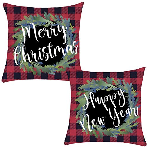 Product Cover Munzong Merry Christmas&Happy New Year Buffalo Check Plaid Wreath Farmhouse Winter Throw Pillow Covers 18x18 Red Black, Set of 2 Linen Outdoor Winter Square Cushion Case for Sofa Couch Home Decor