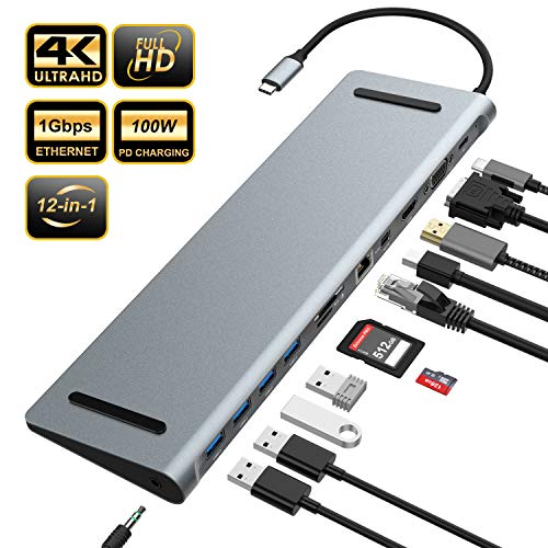 Product Cover Updated Version USB C Hub, YEMO 12 in 1 Type C Hub Dongle to Ethernet, 4K HDMI & Mini DP, VGA,4 USB3.0/75W PD/SD&TF Card Reader/Mic&Audio for Mac Book&Type C Laptops