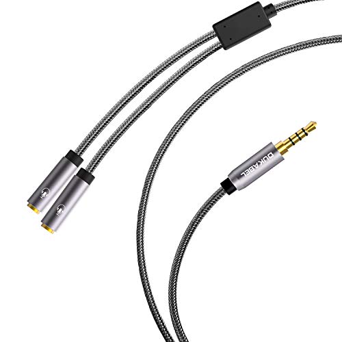 Product Cover Long Headphone Splitter (4ft / 1.2m) Shielded 4-Pole TRRS 3.5 Y Splitter Cable 2-Way Female to Male Headphone Adapter Stereo Audio/Crystal-Nylon Braided / 24K Gold Plated / 99.99% 4N OFC