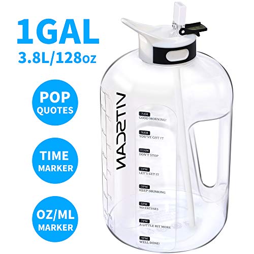 Product Cover 128OZ/1 Gallon Water Bottle with Straw Motivational Water Bottle with Time Marker, Large Water Bottle 128 Oz Water Bottle, Big Water Jug for Sports Water Bottles, Two Handles BPA Free Water Bottle Gym