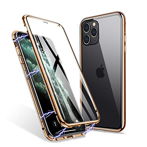Product Cover iPhone 11 Pro Max Case, ZHIKE Magnetic Adsorption Case Front and Back Tempered Glass Full Screen Coverage One-Piece Design Flip Cover [Support Wireless Charging] (Clear Golden)