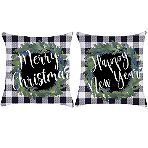 Product Cover ZUEXT Christmas Wreath Throw Pillow Covers 18x18 Inch Set of 2, Cotton Linen Square Black White Buffalo Check Plaid Farmhouse Holiday Cushion Pillowcases for Sofa Couch Home Decor New Year Xmas Gift