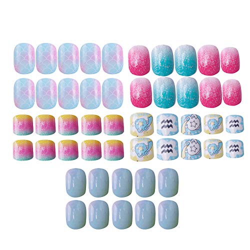 Product Cover Laza 120pcs Children Nails Press On Pre-glue Full Cover Glitter Gradient Color Rainbow Sparkling Scale Wave AquariusShort False Nail Kits for Kids Teenager Girls - Little Mermaid