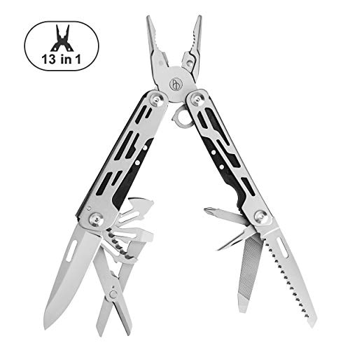 Product Cover Multitool Pliers, 13-in-1 Sandblasted Multi-Purpose Pocket Plier Kit Stainless Steel Multi-Function Tool with Premium Wire Cutters Scissors Bottle Opener and Saw for Survival, Camping, Hunting