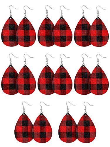 Product Cover 8 Pairs Lumberjack Plaid Earrings Faux Leather Dangle Earrings Long Plaid Statement Earrings (Red and Black)