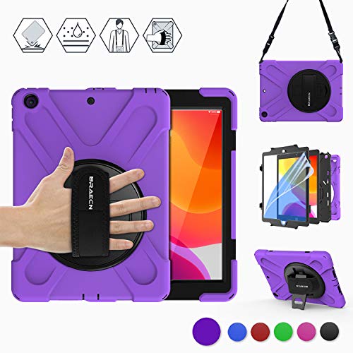 Product Cover BRAECN Case Fit New iPad 7th Generation 10.2 2019,Heavy Duty Protective Cover Shell with Carrying Strap,Handle Grip Strap,Anti-Scratch Screen Protector and 360 Swivel stand Fit 10.2 inch iPad7- Purple