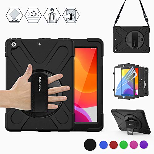 Product Cover BRAECN iPad 7th Generation case,iPad 10.2 2019 case with [Built in Anti-Scratch Screen Protector],Hand Strap,Swiveling Stand,Carrying Strap,Heavy Duty Rugged Case for iPad 10.2 A2197/A2198/A2200-Black