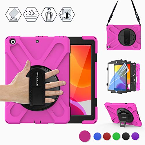 Product Cover BRAECN iPad 10.2 Case 2019,[Built-in Screen Protector] Heavy Duty Shockproof Protective Rugged Case with 360° Swivel Stand,Hand Strap,Carrying Strap for iPad 7th Generation 2019 Case 10.2'' -Rose Red