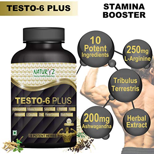 Product Cover Naturyz Testo-6 Plus Supplement For Men with 250mg L-Arginine, 200mg Ashwagandha Extract, 100mg Tribulus, 100mg Kaunj and 10 potent ingredients -60 Tablets
