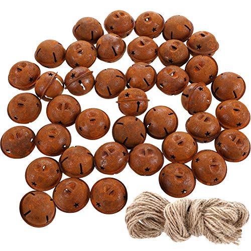 Product Cover 40 Pieces Christmas Rusty Jingle Bells Rustic Metal Bells Craft Bells with Star Design and Twine for Christmas Wreath Craft Decoration Supplies (1.57 Inches)