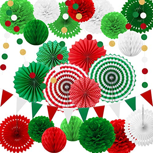 Product Cover 25 Pieces Party Decorations Paper Fans Pom Poms Flowers Garlands String Circle Dot Triangle Bunting Flags Honeycomb Ball Party Supplies for Christmas Birthday Wedding Baby Shower (Red White Green)