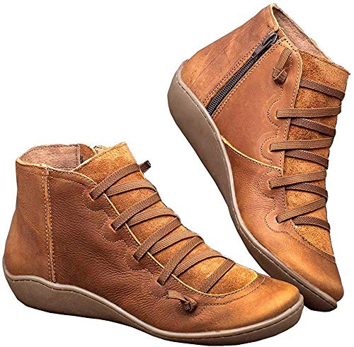 Product Cover Women's Arch Support Boots Casual Lace up Ankle Booties Retro Female Round Toe Flat Heel Short Boot