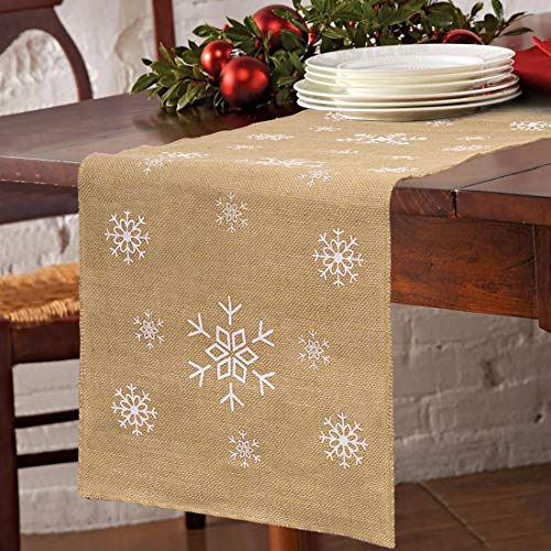 Product Cover SevenFish White Snowflake Christmas Table Runner, 14 X 72 inches Natural Burlap Table Runner for Christmas Decorations