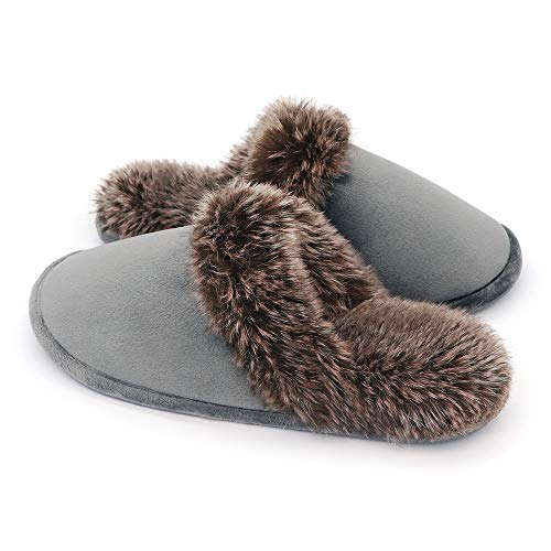Product Cover Women's House Slippers Cozy Memory Foam House Slippers for Women Faux Fur Lined Suede House Shoes Anti-Skid Rubber Sole for Indoor & Outdoor Use. Grey