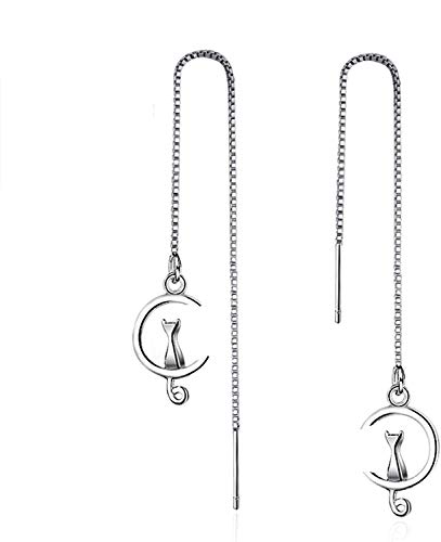 Product Cover White Gold Plated Long Tassel Chain Sweet Cat on Moon Dangle Drop Threader Earrings for Women Girls
