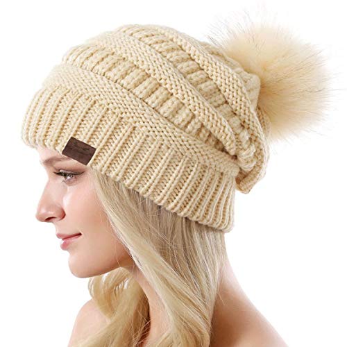 Product Cover Win Change Womens Winter Knit Beanie Hat-Winter Knit Beanie Hat for Women with Faux Fur Pompom Winter Soft Warm Ski Cap One Pack(Beige)