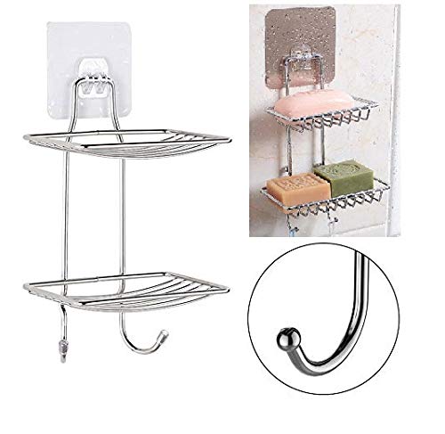 Product Cover ZIZLY Wall Mounted Double Layer soap Dish Holder & Dispensers, Self-Adhesive Stainless Steel Waterproof Kitchen Bathroom Soaps Storage Rack with Hook for Home