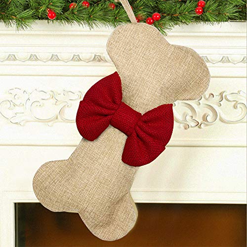 Product Cover Malier New Linen Large Christmas Stocking for Dogs Cats Pets Jute Natural Burlap Dog Bone Shape Hanging Dog Christmas Stocking - Red