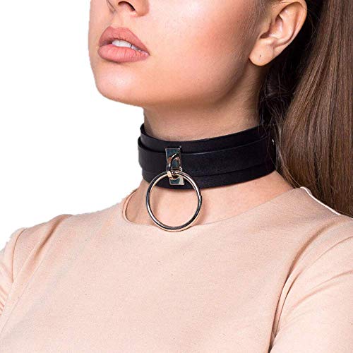 Product Cover Black Choker Necklace Punk Goth Choker Gothic PU Leather O-Ring Choker for Girls Women Cool
