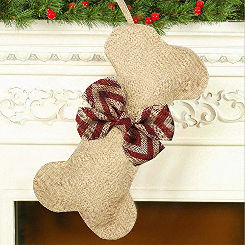 Product Cover Malier New Linen Large Christmas Stocking for Dogs Cats Pets Jute Natural Burlap Dog Bone Shape Hanging Dog Christmas Stocking (Red Stripe)
