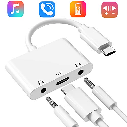 Product Cover USB C to 3.5mm Headphone Jack Adapter, Dual Earphone Audio & Charger Splitter, Hi-Res Sound, Fast Charging, Dongle Compatible for iPad Pro, Pixel 2/2XL/3/3XL, HTC, Huawei P20 and More USB-C Devices