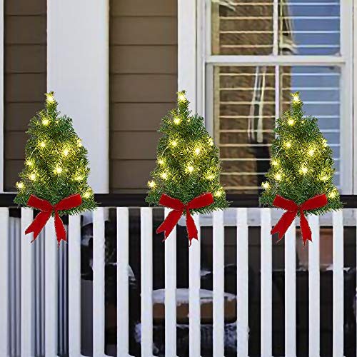 Product Cover Doingart 3pcs Lighted Christmas Tree Decoration, Battery Operated Christmas Trees with Lights and Red Bows Outdoor Fence Decor - Attached Ties for Easy Hanging Christmas Light