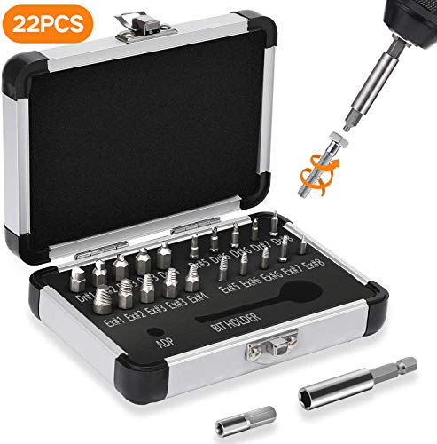 Product Cover Jellas 22PCS Screw Extractor, Damaged Screw Extractor Kit with 64-65 HRC Hardness, Separate Burnishing and Extracting Bits, Magnetic Extension Bit Holder and Adapter for Damaged Screws or Bolts 2-12mm