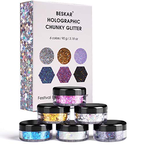 Product Cover Holographic Chunky Glitter, 90g / 3.2oz Makeup Glitter Set for Face Body Nail Hair Eyes, Fine Cosmetic Chunky Glitter Mix of Stars, Moon, Hexagons, Dot, Dust, Ideal for Festival, Rave, Costume