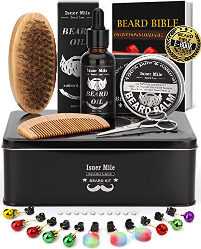 Product Cover PREMIUM Metal Box Beard Kit for Men Beard Care Growth Grooming & Trimming - Beard Oil Conditioner, Beard Glitter Lights, Christmas Ornaments, Balm Wax, Brush, Comb, Scissors, Xmas Gifts for Him Dad