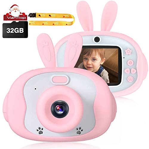 Product Cover HAUEA Kids Camera Digital Cameras for Kids 12.0MP IPS 2.4 Inch Kids Video Camera with 32GB SD Card Mini Cartoon Child Camcorder for Girls Birthday Toy Gifts (Pink)