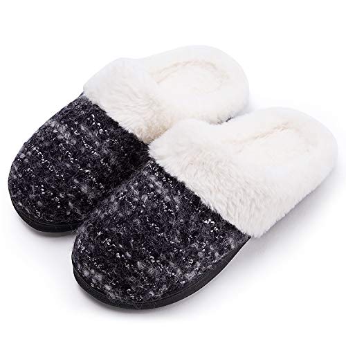 Product Cover DL Fluffy-Womens-Slippers-Indoo-Outdoor, Furry Slip-on Women's House Slippers Memory Foam, Arch Support Bedroom Slippers for Women Non Slip Outsole Black