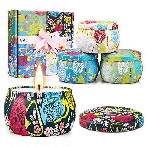 Product Cover Scented Candles Gift Set, Natural Soy Wax Portable Travel Tin Candles, Gifts for Women Fragrance Essential Oil Candles for Aromatherapy Relaxation Stress Relief, Birthday 4 Pack(4.4OZ Each)