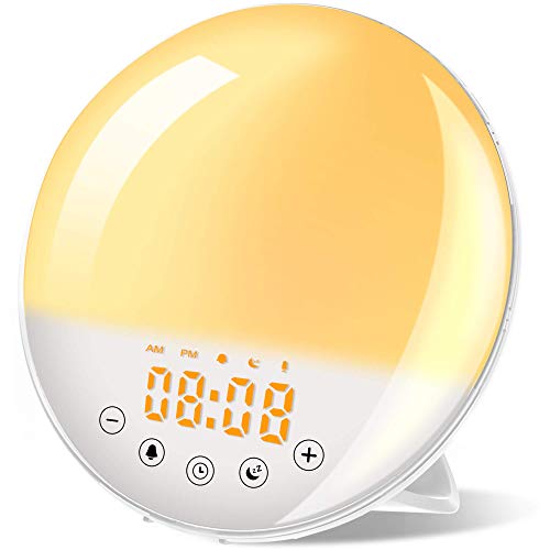 Product Cover Wake Up Light, Alarm Clock with Recording Function Sunrise/Sunset Simulation Bedside Lamp with FM Radio 30 Adjustable Brightness 8 Natural Sounds 7 Colors for Christmas Gift