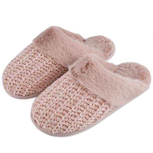Product Cover Women's Comfy Knit Slippers with Warm Plush Faux Fur Lining, Memory Foam Slip on Slippers with Anti-Skid Rubber Sole, Pink, 9-10