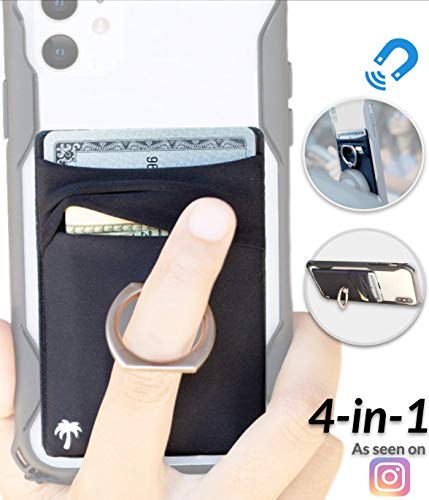 Product Cover New 4-in-1 Stick-On Spandex Ring Wallet for iPhone 11, XR & Any Phone + Magnetic + Finger Grip + Kickstand - Best Stretchy Card Holder, Sticks to Case (11 Pro Max XR XS X 8 7 6 Plus, Samsung, etc)