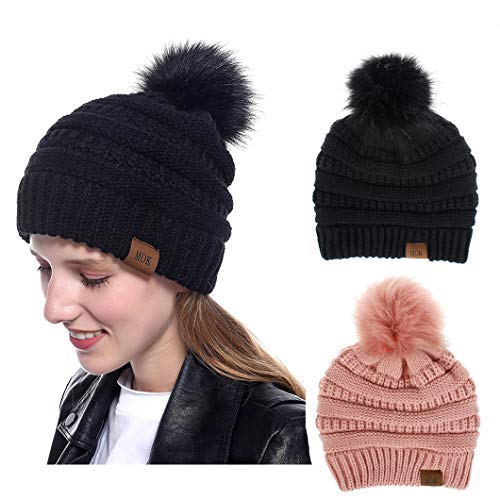 Product Cover Women Pompom Beanie 2 Pack, Knit Ski Cap Winter Chunky Baggy Hat With Faux Fur Bobble