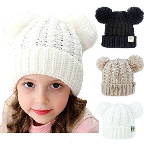 Product Cover Aivanart Kids' Beanie 3 Pack, Winter Cable Knit Hat with Pompom Ears Boys Girls Chunky Thick Cap