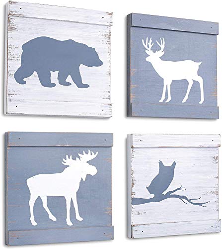 Product Cover Home Rustique Rustic Cabin Decor Bear Moose Owl and Deer Wooden Wall Decoration (Set of 4, White + Grey) | Woodland Lodge Decor Wall Art | Hunting Decor | Rustic Wall Decor...